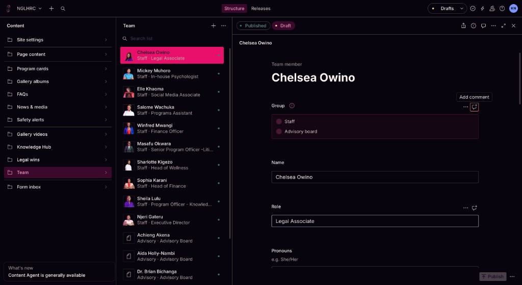 Team member editor with Published and Draft tabs and Publish button